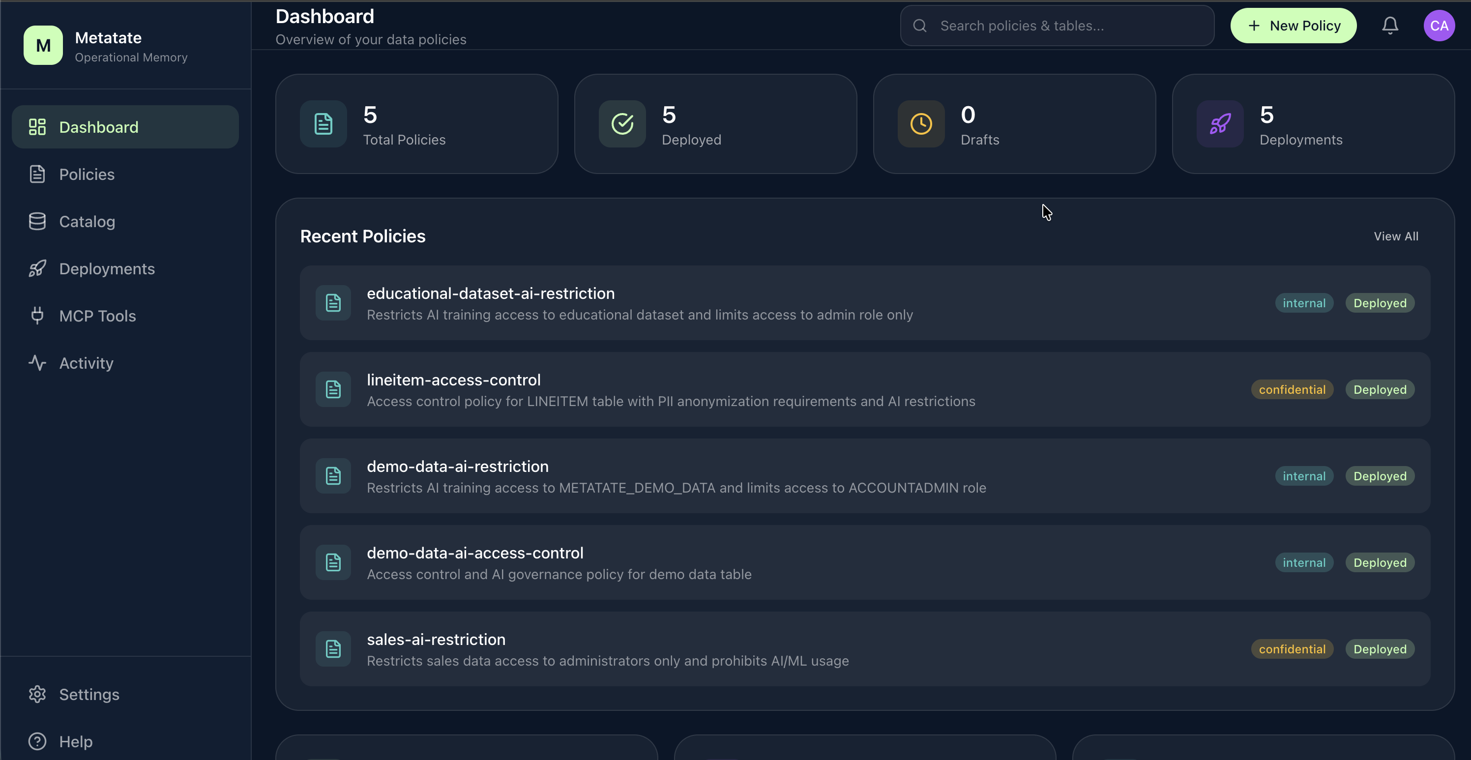 Metatate Dashboard showing policy stats and recent policies