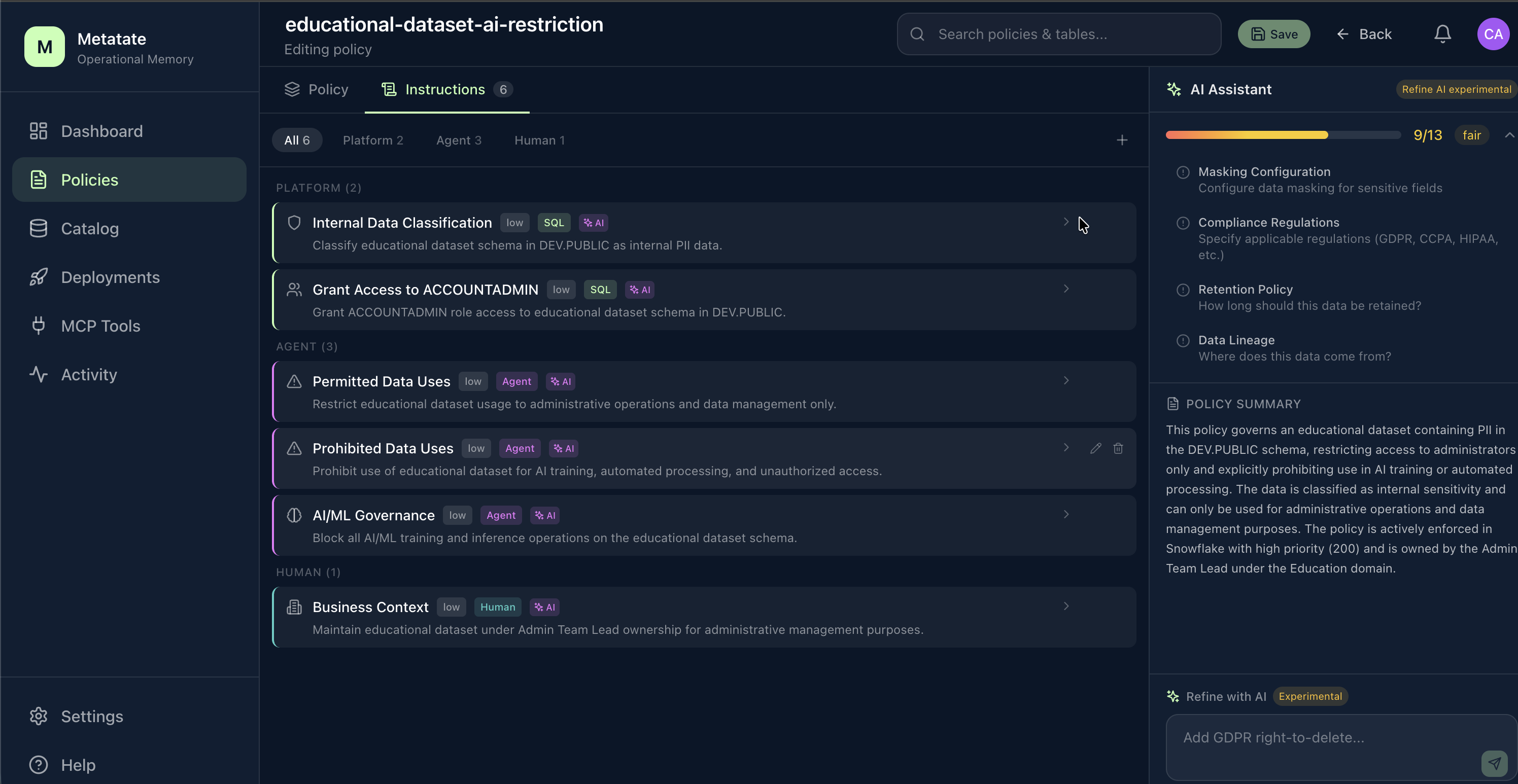 Instructions tab in the Metatate policy editor with platform, agent, and human instruction groups