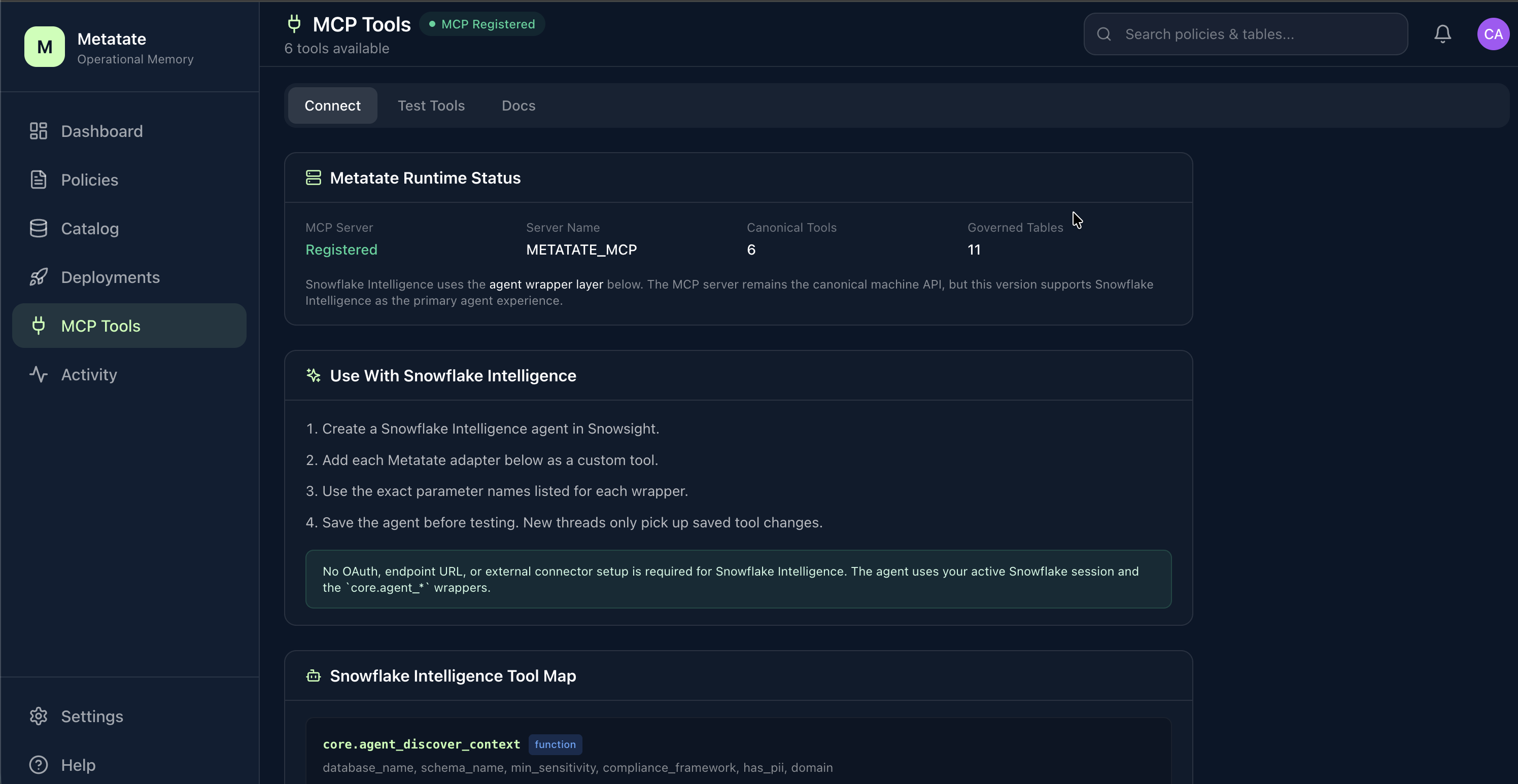 Metatate MCP Tools page showing the Connect tab with runtime status and Snowflake Intelligence setup